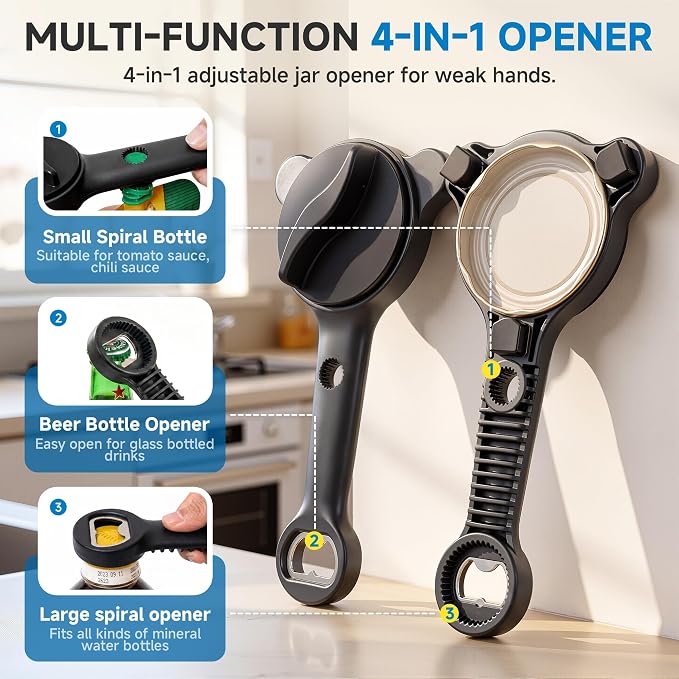 2026 Upgraded 4-in-1 Jar Opener - Adjustable Stainless Steel Lid Remover for Seniors & Arthritis Sufferers, Fits Kitchen Jars, Bottles & Cans Black(2Pcs)
