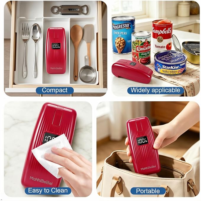 Electric Can Opener with LED Digital Display, USB Rechargeable, One-Touch Automatic, Hands-Free, Smooth Edge, Compact Cordless Opener for Seniors (Red)
