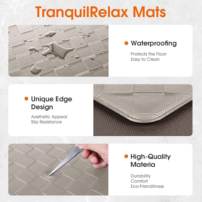 TranquilRelax 2-Piece Anti-Fatigue Kitchen Mats, Cushioned Non-Slip Waterproof Sink & Stove Floor Mats, Comfortable Standing Rug Set for Kitchen, Laundry & Entryway, Brown