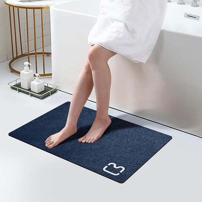 RUERYA Diatomaceous Earth Bath Mat Rugs 23.6 x 15.7 inch, Quick Dry Super Absorbent Non Slip Rubber BottomThin Bathroom Mat Fit Under Door, Floor Rugs in Front of Bathtub,Shower Room,Sink, Navy