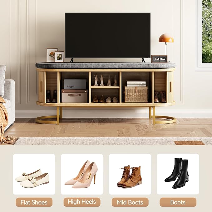 Decofy Storage Bench with Cushion and Sliding Doors, 47.2 Inch Large Entryway Shoe Bench with Sturdy Metal Feet, Multi-Functional for Entrance Hall, Bedroom, Living Room (Oak)