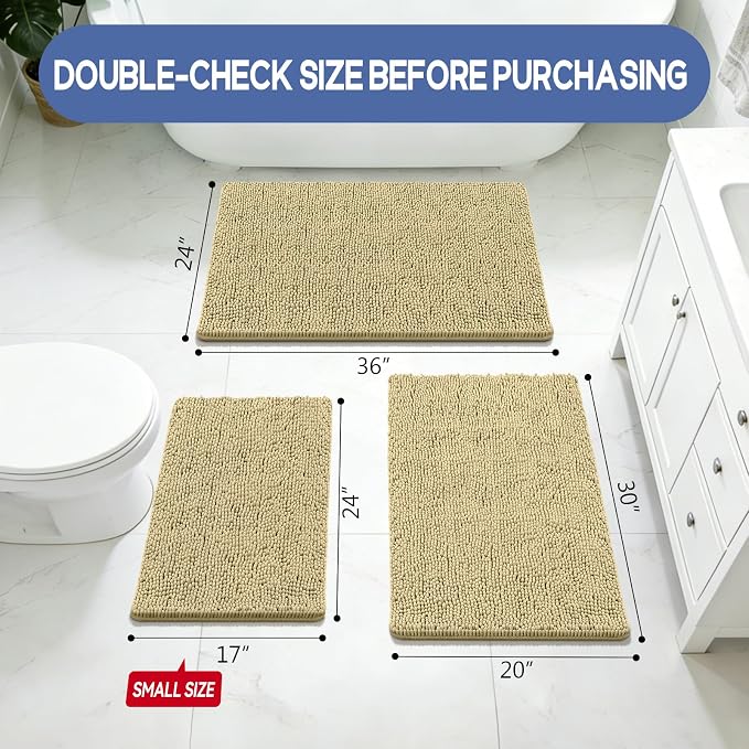 Bcoimo 36x24 Chenille Bath Mat – Non-Slip with Backing Bath Rug Ultra-Absorbent and Machine Washable Bathroom Mat Quick-Dry Design. Ideal for Bathroom Shower and Tub Areas