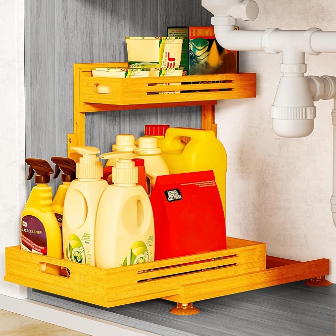 Under Sink Organizer, Premium Bamboo Wood Pull Out Cabinet Organizer, 2 Tier Slide Out Sink Shelf Cabinet Storage Shelves, Under Sink Storage for Kitchen Bathroom Cabinet
