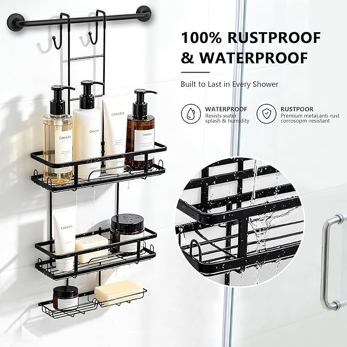 OMAIRA Over The Door Shower Caddy Hanging, 3-Tier Shower Organizer Hanging with 8 Hooks & Soap Holder, Height-Adjustable Rustproof Bathroom Shelf for Shower Door, No Drilling Storage Rack, Black