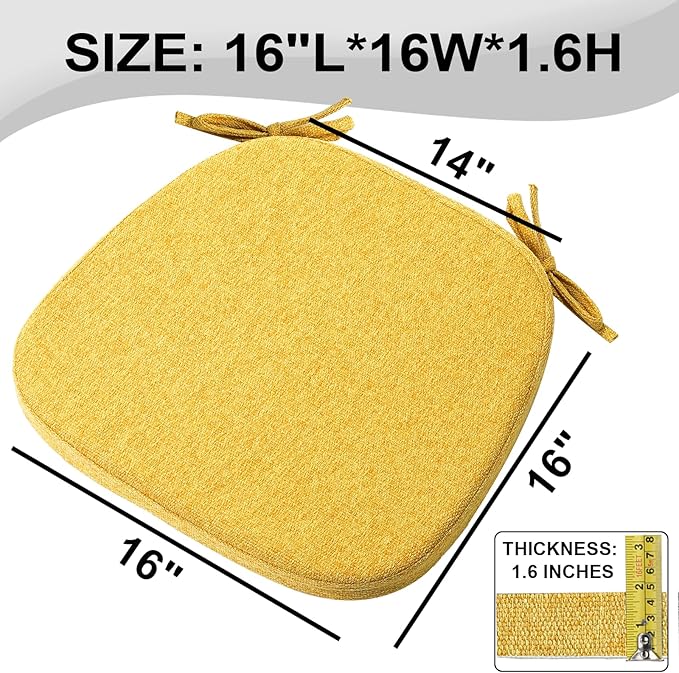SINOSSO 1 Pack Memory Foam Chair Cushions for Dining Chair, Friendly Woven Fabric 16" U-Shape Comfortable Kitchen Chair Pad, Removable Slip Resistant Seat Cushion (1 Piece, Yellow)
