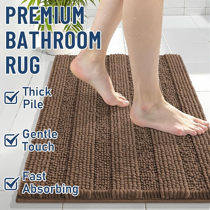 Grandaily Chenille Striped Bathroom Rugs 44x24, Extra Thick and Soft Absorbent Bath Mats, Rubber Backing, Plush Shaggy Shower Carpet, Machine Wash Dry, Bath Rug for Bathroom, Mocha