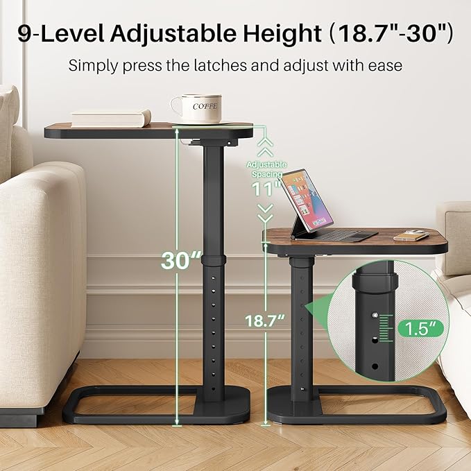 Kitstorack Upgraded TV Tray Table with Panel Lock, 90° Flip-Over Design & Adjustable Height, Sofa Arm Side Table for Eating, Laptop, Couch, Bed, or Small Spaces, Brown