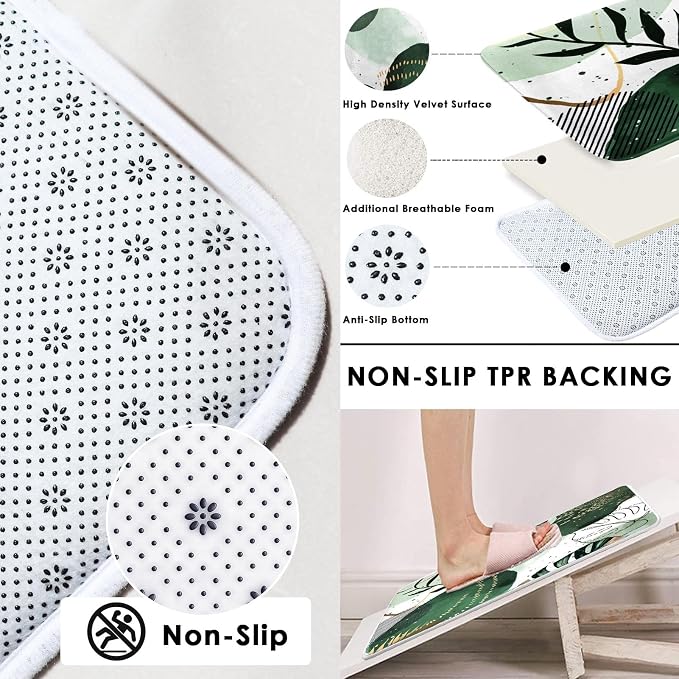 Sage Green Boho Shower Curtain Set with Toilet Lid Cover and Non-Slip Rugs, Mid Century Plant Abstract Olive 4 Pcs Modern Shower Curtain for Bathroom Set with 12 Hooks