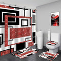 4 Pcs Red Geometric Shower Curtain Sets with Toilet Lid Cover and Non-Slip Rugs, Red Modern Abstract Bathroom Decor Sets with Shower Curtain and Rugs for Bathroom