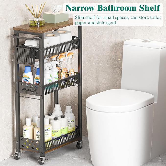 XYZLVSI Slim Storage Cart 4 Tier Laundry Cart with Wheels, Narrow Metal Kitchen Rolling Carts Bathroom Organizers Storage Shelf with Wood Rack and Handle for Small Space