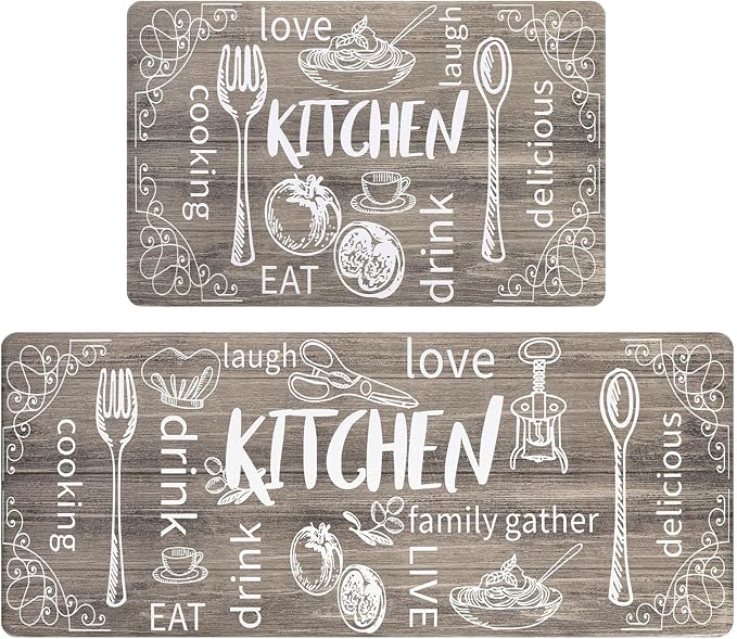 HEBE Kitchen Rugs Set of 2, Cushioned Anti Fatigue Kitchen Mats for Floor, Non Slip Waterproof Comfort Standing Desk Mat Carpet for Sink, Stove, Laundry Room