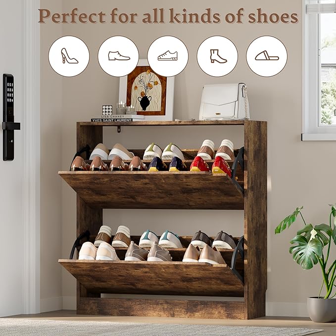 BORNOON Shoe Cabinet with 2 Flip Drawers, Slim Narrow Shoe Storage Cabinet, Freestanding Shoe Organizer with Adjustable & Removable Shelves, Top Display Shelf for Entryway, Hallway, Foyer, Closet