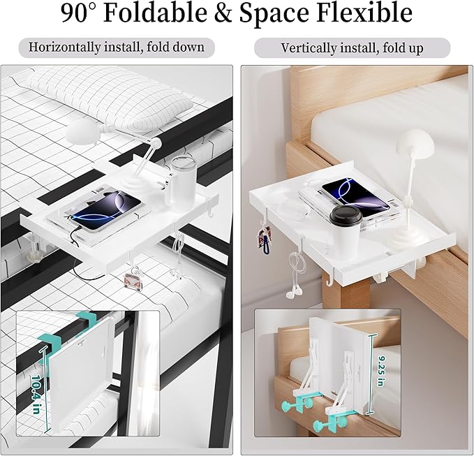 Foldable Bedside Shelf, Metal Clip-On Bed Tray Table for Bunk Bed & Dorm Beds, Dorm Room Essentials Organizer for College Students, Floating Tray, Space Saving Nightstand for Loft Beds (White, Small)