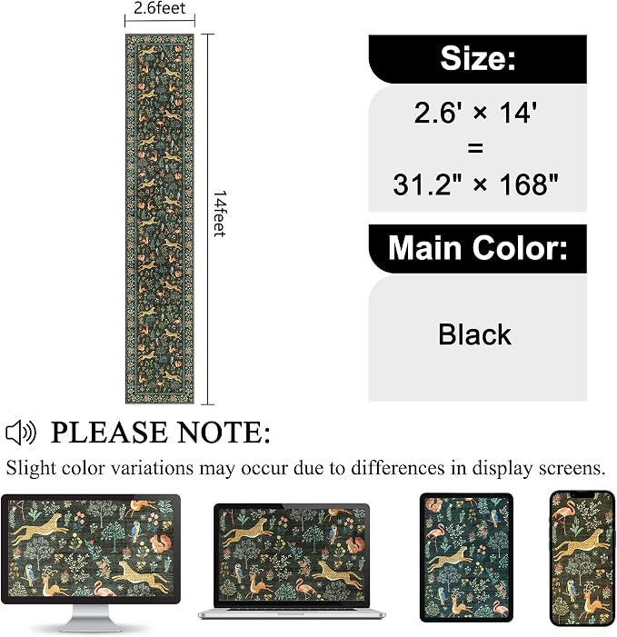 DUKINO 2.6x14 Hallway Runner Rug, Vintage Washable Long Kitchen Rug with Non Slip Backing, Stain Resistant & Low Pile Animal Print Floor Carpet for Indoor Entrance Bathroom, Laundry, Bedroom, Black