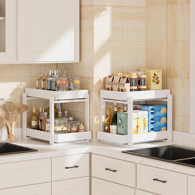 APRTAT 2 Pack Under Sink Organizer, Bamboo Wooden 2-Tier Pull-Out Storage with Sliding Drawers for Kitchen and Bathroom Cabinets, Easy Installation (White, 2 Packs)