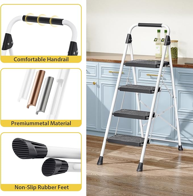 KINGRACK 4 Step Ladder, Folding Step Stool with Comfortable Handrail, Wide Anti-Slip Pedals & Safe-Lock Design, 800lbs Load Capacity, Sturdy Steel Portable Ladder, Perfect for Home and Kitchen, White