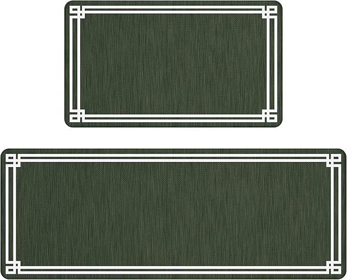 Dark Green Retro Elegance Frame Textured Kitchen Rug Sets [2 PCs], Anti-Fatigue, Waterproof Non-Slip Kitchen Mats Heavy Duty Comfort Foam Rug for Kitchen, Floor, Laundry,17"x29"+17"x47"