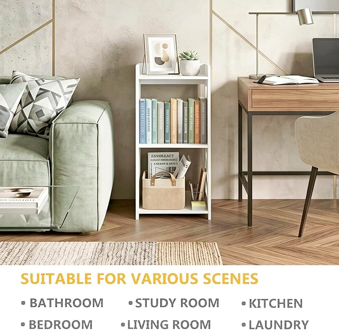 Small Bathroom Storage Corner Shelf, Waterproof PVC Narrow Floor Stand, Slim Gap Filler Organizer for Toilet Side, Laundry Room, Shower, Kitchen Spice Rack, White Restroom Holder (3-Tier)