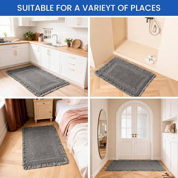 Waffle Bath Mat - Non Slip Bathroom Rugs - Washable Super Absorbent & Quick Dry Bath Mats with Tassels for Hallway Bedroom Laundry Room,17" x 24",Dark Gray
