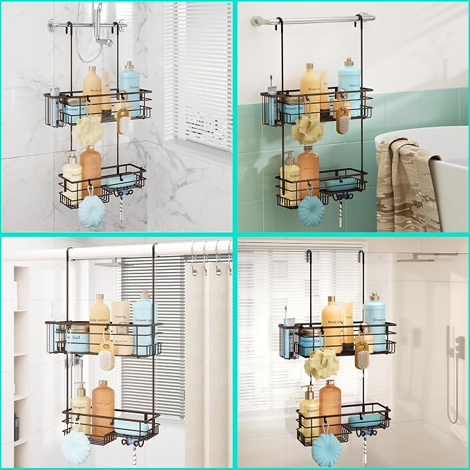 HapiRm Hanging Shower Caddy Organizer - No Drilling Shower Shelves with Hooks and Toothbrush Holder, Rustproof 304 Stainless Steel Bathroom Organizer - Bronze