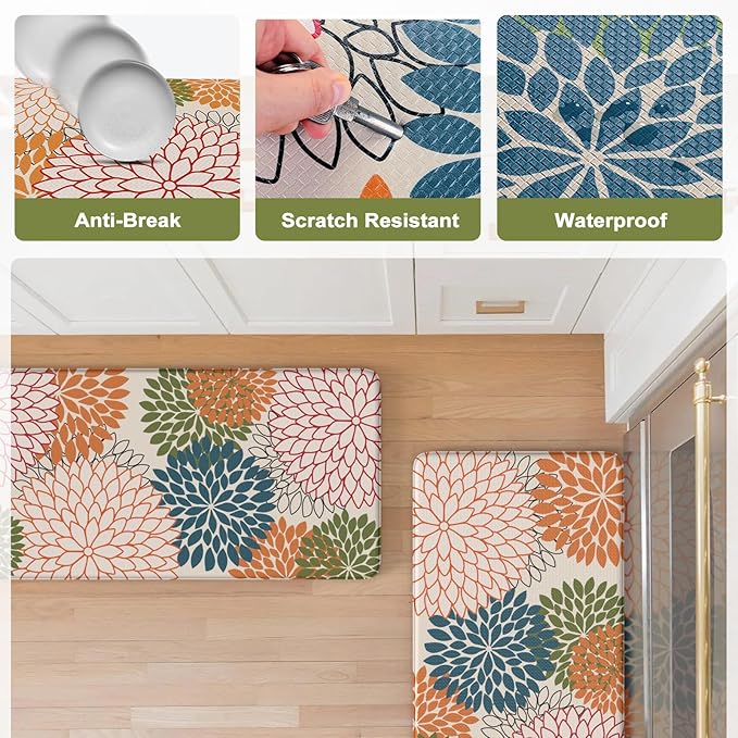 Kitchen Rugs and Mats Cushioned Anti Fatigue Kitchen Mat 2PCS Non-Skid Waterproof Kitchen Runner Rug Comfort Foam Standing Mat for Floors,Office,Laundry,Sink,Floral