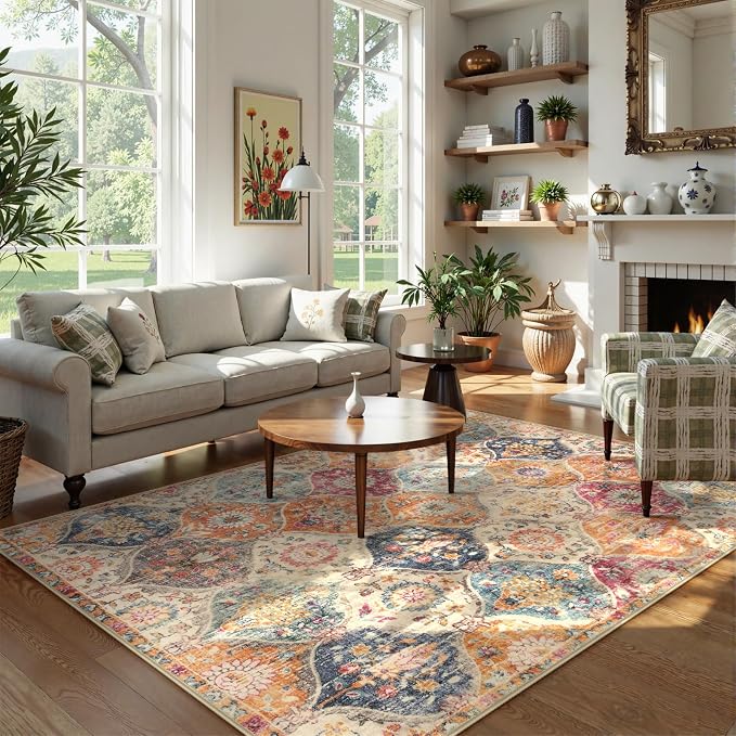 Lahome Moroccan Trellis Washable Small Area Rug, 3x5 Area Rug for Bedroom Living Room, Non-Slip Oriental Accent Throw Carpet for Kitchen Office Entryway Bathroom Office Elise, Cream/Multi