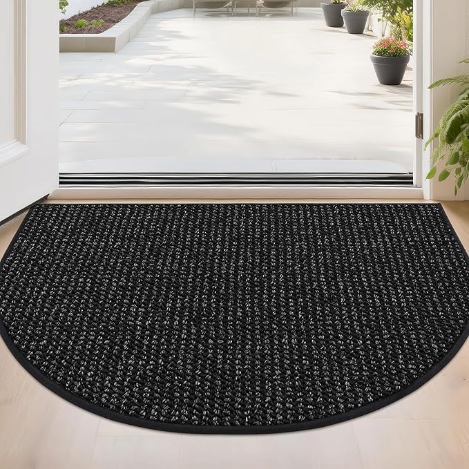 BEQHAUSE Dirt Trapper Door Mat 24" x 36" Half Circle Non-Slip Washable Doormats Entrance Rugs Absorbent Welcome Low Profile Floor Mats for Front Back Door and Entryway, Black