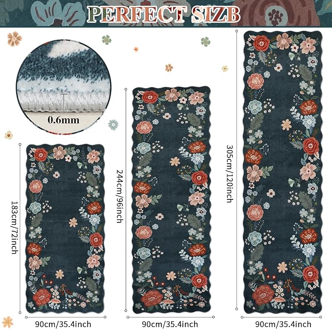3x6 Runners for Hallways Non Slip, Cute Runner Rug for Room Decoration, Floral Carpet Runner to Walk on, Perfcet for Kitchen, Living Room, Entryway, Bedroom, Bathroom, Dark Green