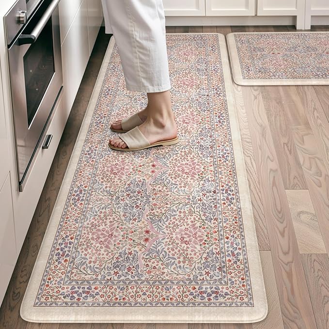 Collive Anti Fatigue Mats for Kitchen Floor, Cushioned Comfort Kitchen Rugs Sets of 2 Waterproof Non Skid Padded Sink Rugs, Pink/Blue Floral Rug Standing Mat for Laundry, Home Office Decor