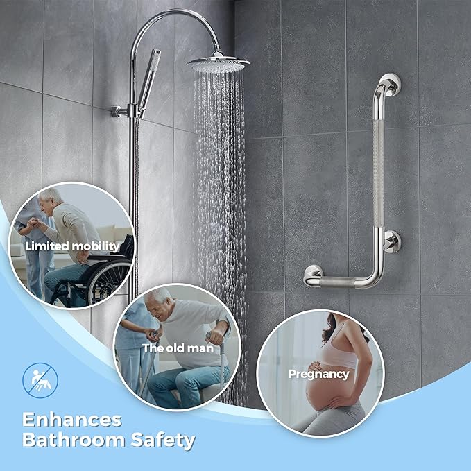 L-Shaped Grab Bars for Shower, 24x12 Inch Stainless Steel Grab Bars for Elderly for Wall Mount, Anti-Slip Knurled Grip Bathroom Safety Rail, Right