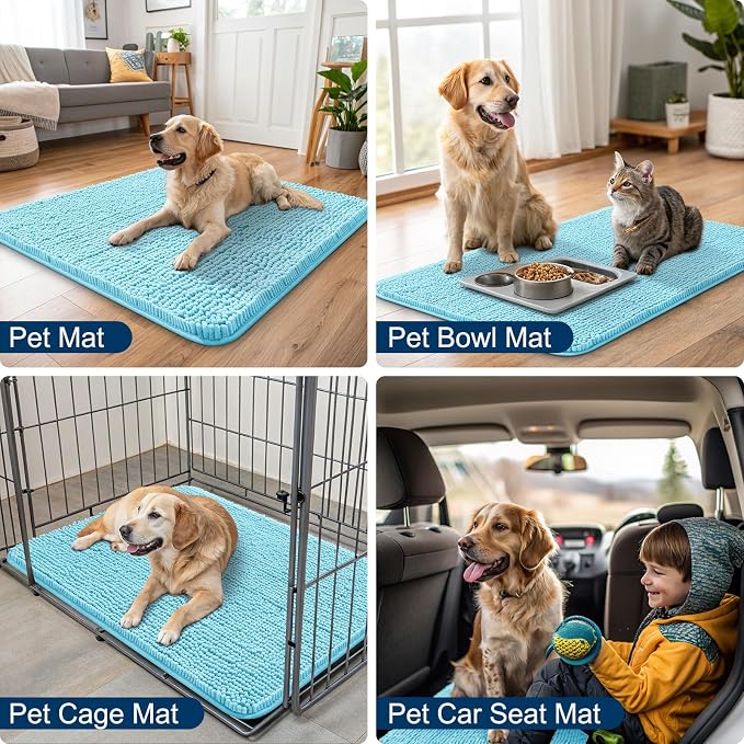 Smiry Dog Door Mat for Muddy Paws 36x24, Absorbent Dirt Trapper, Non-Slip Washable Chenille Entryway Rug for Inside Floor, Sky Blue, Classic Solid