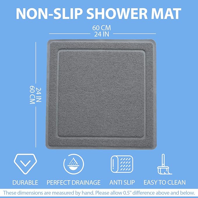 Hargiis Square Non-Slip Shower Mat, Anti Slip Bathtub Mat, Fast Drying Bathtub Mats, UpgradedFoot Scrubber Mat, Anti Slip Mat for Tub, Floor, Bathroom, Kitchen, Hotel (Grey 24"×24")