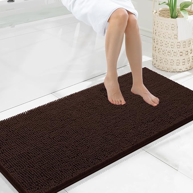 Smiry Luxury Chenille Bathroom Rugs 47x20, Extra Soft and Absorbent Shaggy Bath Mat, Machine Washable, Non-Slip Plush Carpet Runner for Tub, Shower, and Floor, Home Decor Accessories, Brown