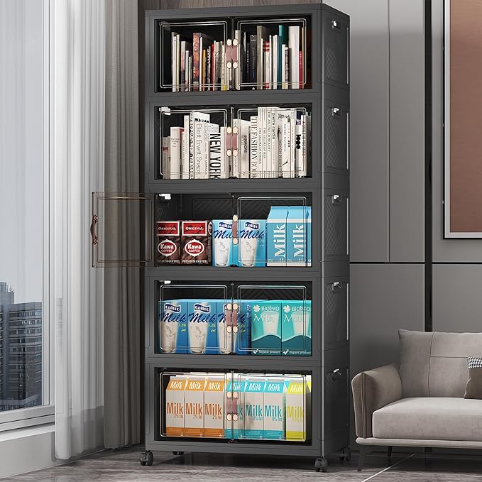 UAMFURI Stackable Storage Bins with Lids, 275QT Closet Organizers and Storage with Doors and Wheels, Extra Large Storage Cabinet, Collapsible Plastic Drawers for Bedroom Office Garage