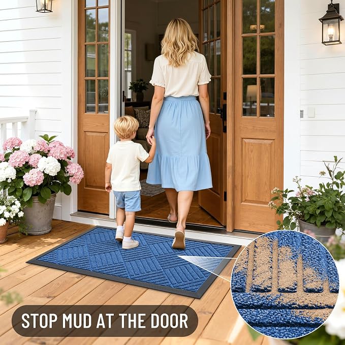 OLANLY Front Door Mat Outside Entrance 47x32, Absorbent, Heavy Duty Sturdy Natural Rubber Doormat Indoor Outdoor, Stain Fade Resistant, Non-Slip Low Profile Floor Mat for Entryway, Ocean Blue Diamond