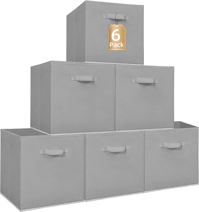 STORAGE MANIAC Storage Cubes, 13 Inch Collapsible Storage Bins with Handles, 6 Pack Fabric Foldable Bins for Organization, Durable Storage Bins for Closet, Shelves, Offices, 6-Pack Grey