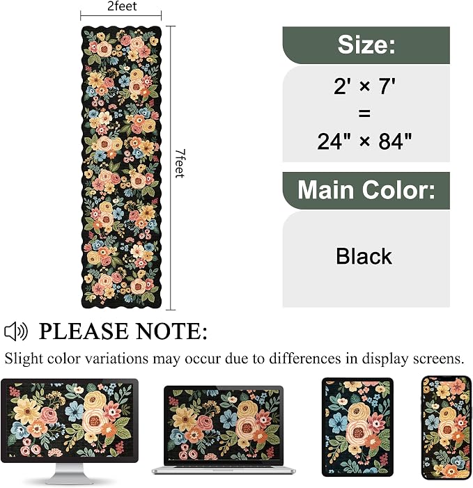 DUKINO Washable Runner Rug, 2x7 Lightweight Soft Floral Hallway Rug Runner with Low Pile Design, Non Shedding & Non Slip Backing Thin Indoor Carpet for Bedroom, Bathroom, Entrance, Kitchen, Black