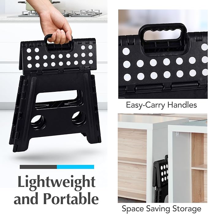 Handy Laundry Folding Lightweight Step Stool - Sturdy Enough to Support Adults - Opens Easy with One Flip - Great for Kitchen, Bathroom or Bedroom (Black- 13 inch)