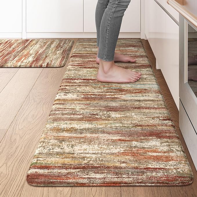 KIMODE Anti Fatigue Kitchen Mats for Floor 2 Piece, Red Brown Farmhouse Kitchen Rugs Non Slip, Ergonomic Cushioned Standing Mat for Office Sink Laundry Desk 17"x47"+17"x29"