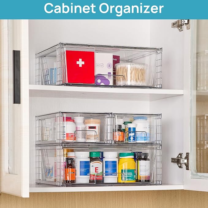 Vtopmart 3 Pack Stackable Storage Drawers, Easily Assemble Acrylic Bathroom Undersink Organizers,Clear Plastic Storage Bins for Closet,Cabinet,Pantry,Medicine Organization