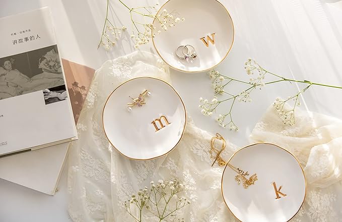 COLLECTIVE HOME - Ceramic Jewelry Tray, Decorative Trinket Dish for Rings Earrings Necklaces Bracelet Watch Keys, Birthday Mother's Day Christmas Gift for Women, 4.75", White Surface (J)