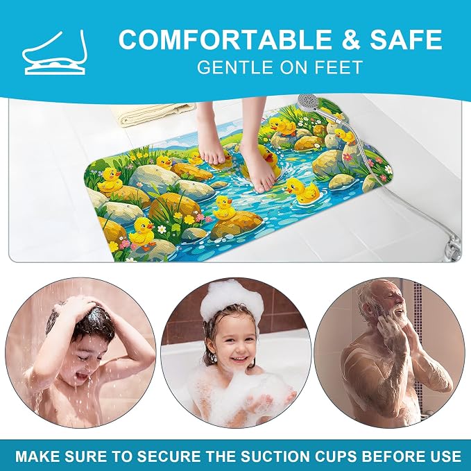XIYUNTE Baby Bath Mat for Tub Non Slip Kids, BPA Free Extra Long Bathtub Mat 40x16 with Drain Holes and 200 Suction Cups, Non Toxic Machine Washable Toddler Bath Mat, Eco-Friendly Certified