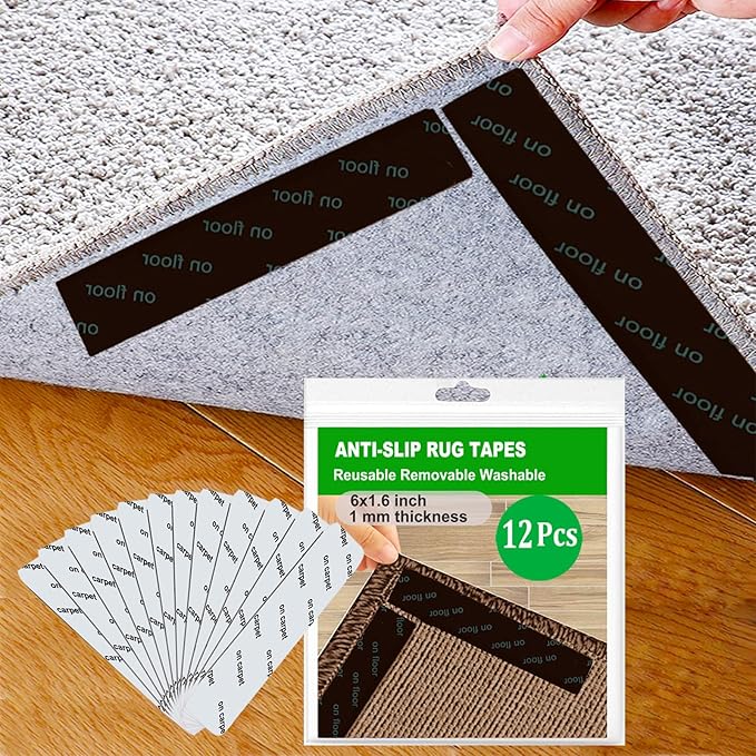 Rug Tape 12 Pcs Carpet Gripper Carpet Tape for Hardwood Floors Non Slip Rug Pad Grippers Rug Stickers Never Curl Rug Corner Gripper Rug Stoppers to Prevent Sliding Reusable Washable Black