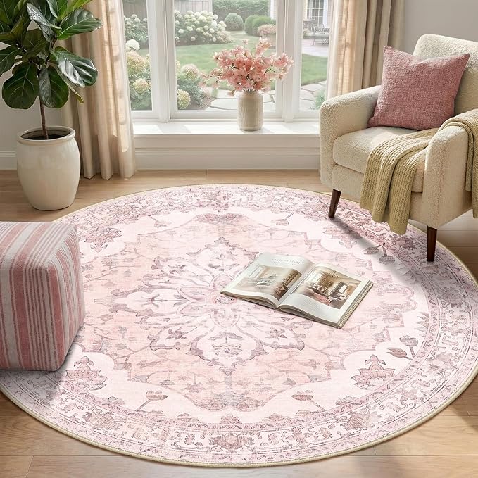 RELEANY Area Rugs Round 4ft Washable Non-Slip, Floral Vintage Distress Medallion Carpet for Living Room Bedroom Dining Room, Pink Greypink Cute