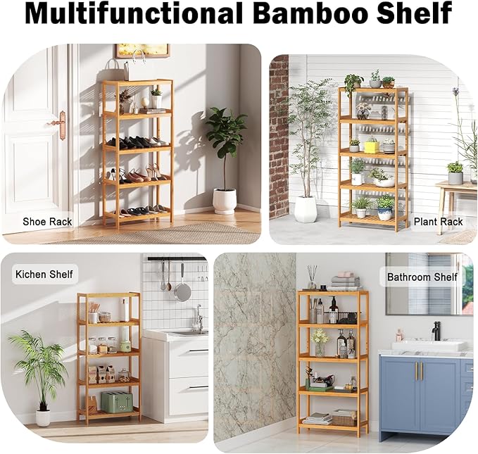 kinbor 5-Tier Bamboo Bathroon Shelf - Multifunctional Bamboo Rack Storage Shelving Rack Utility Shelf for Bathroom Kitchen Living Room