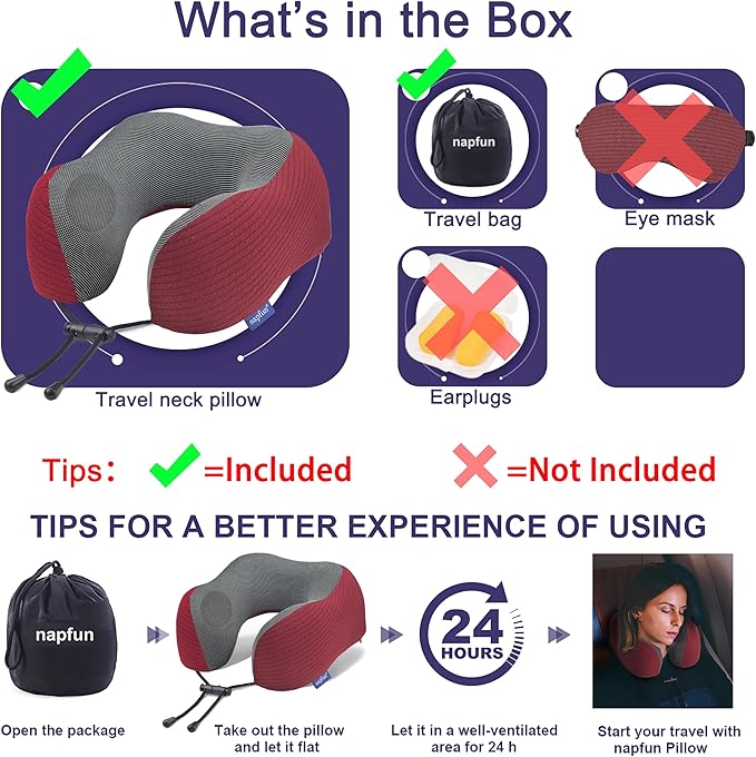 napfun Neck Pillow for Traveling, Upgraded Travel Neck Pillow for Airplane 100% Pure Memory Foam Travel Pillow for Flight Headrest Sleep, Portable Plane Accessories, Burgundy