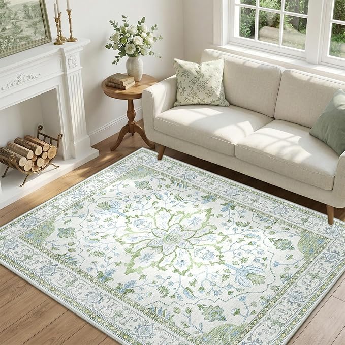 RELEANY Area Rugs 4'x5' Washable Non-Slip, Floral Vintage Distress Medallion Carpet for Living Room Bedroom Dining Room, Green White Blue