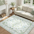RELEANY Area Rugs 4'x6' Washable Non-Slip, Floral Vintage Distress Medallion Carpet for Living Room Bedroom Dining Room, Green White Blue