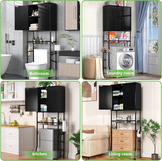 Over The Toilet Storage Cabinet - 2-Door Design Bathroom Organizers Shelf, Freestanding Space-Saver Above Toilet Storage Cabinet with Privacy Protection Rack, Water-Resistant Toilet Shelves (Black)