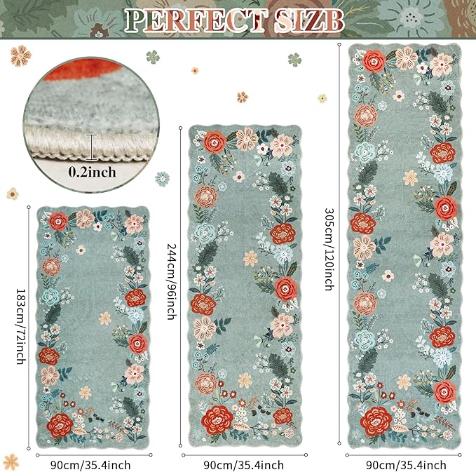 Runners for Hallways, 3x6 Runner Rug Non Slip with Soft Low Pile, Boho Floral Runner for Kitchen, Living Room, Entryway, Bedroom, Bathroom, Kid & Pet Friendly, Green